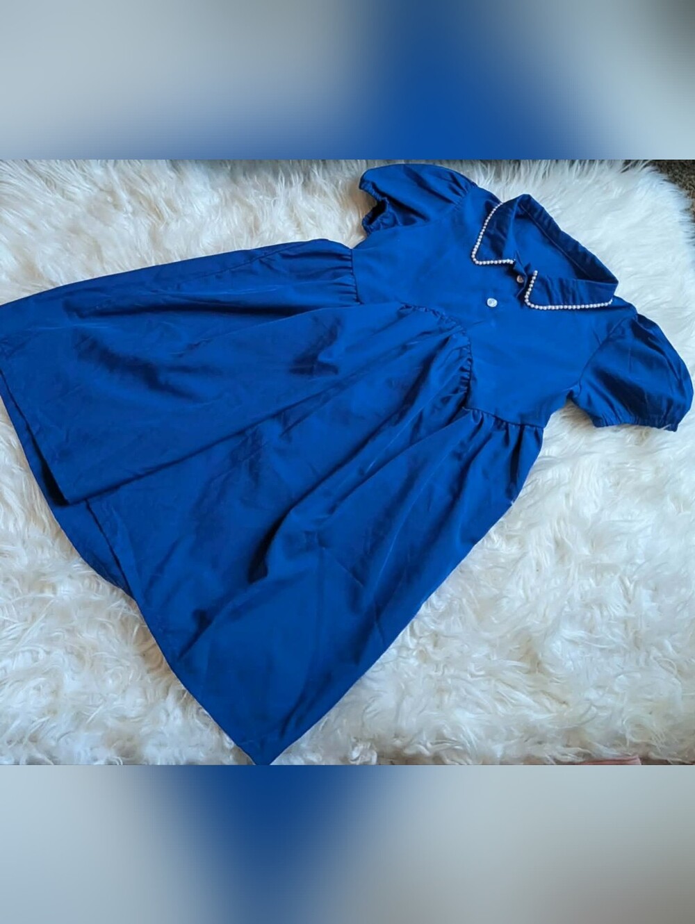 Vintage Style Royal Blue Pleated Short Sleeve Girls Dress with Pearl Trim